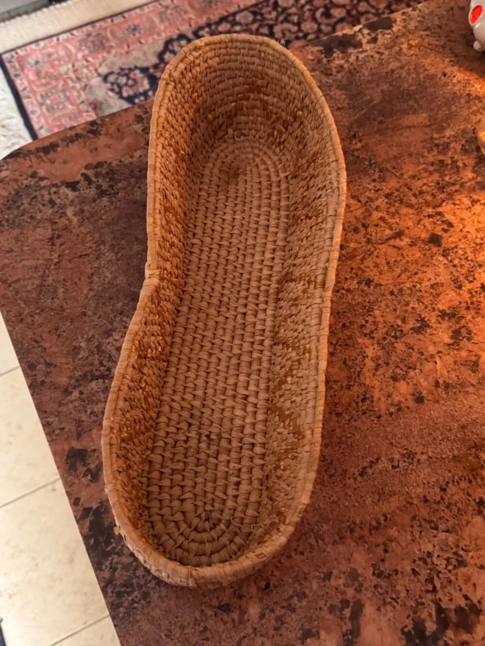 Vintage Woven Natural Rattan Long Bread Basket / Catchall Tray